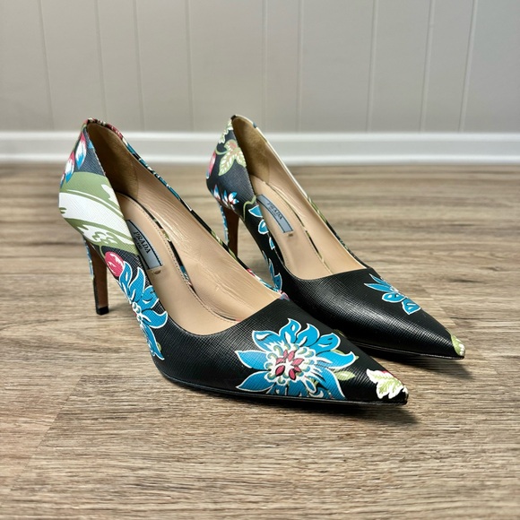 Prada St Ramage Black Floral Print Saffiano Leather Stiletto High Heels 7.5 37.5 - Picture 4 of 12